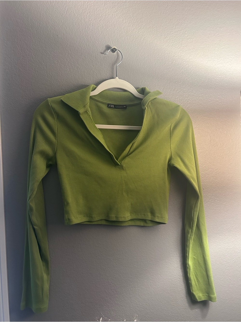 Zara Lime Green Ribbed Collared Crop Top